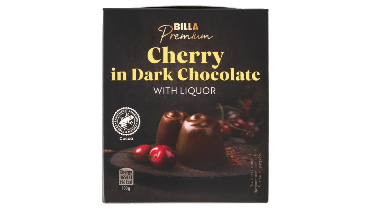 BILLA Premium Formované bonbony z hořké čokolády s náplní s višní v alkoholu 168g