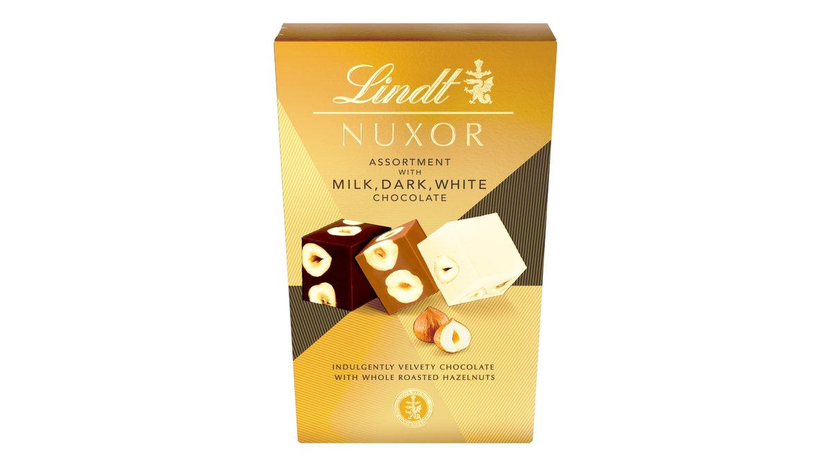 Lindt Nuxor mléčná, hořká a bílá čokoláda s oříšky