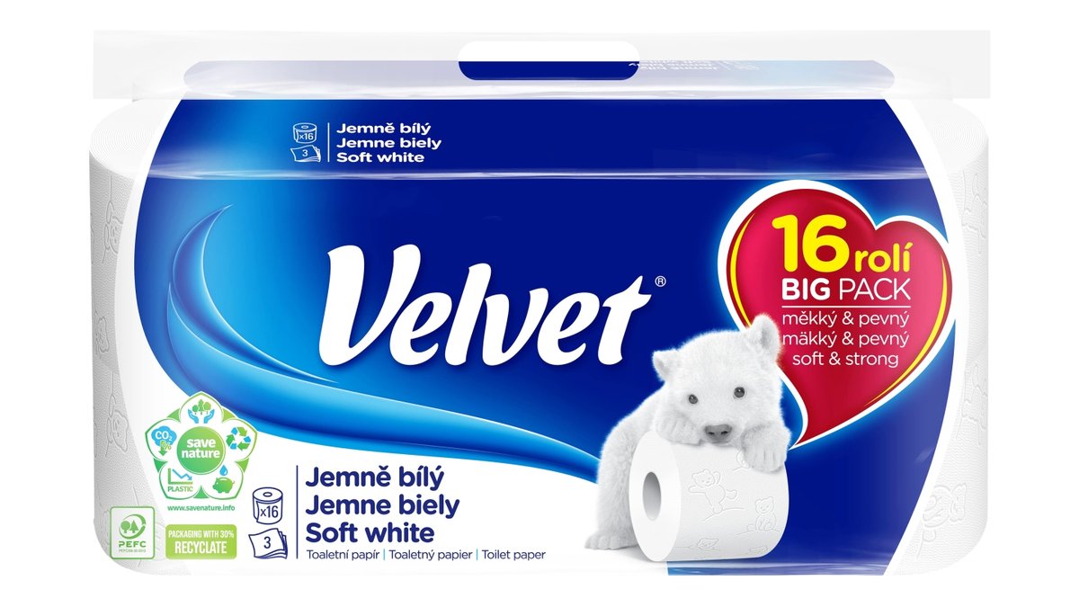 Velvet jemně bílý toaletní papír 3 vrstvy