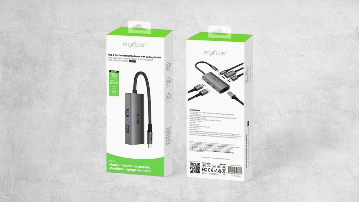 Rixus Rxhu07 Usb-c To Ethernet Hdmi Adaptor With Docking Station Grey