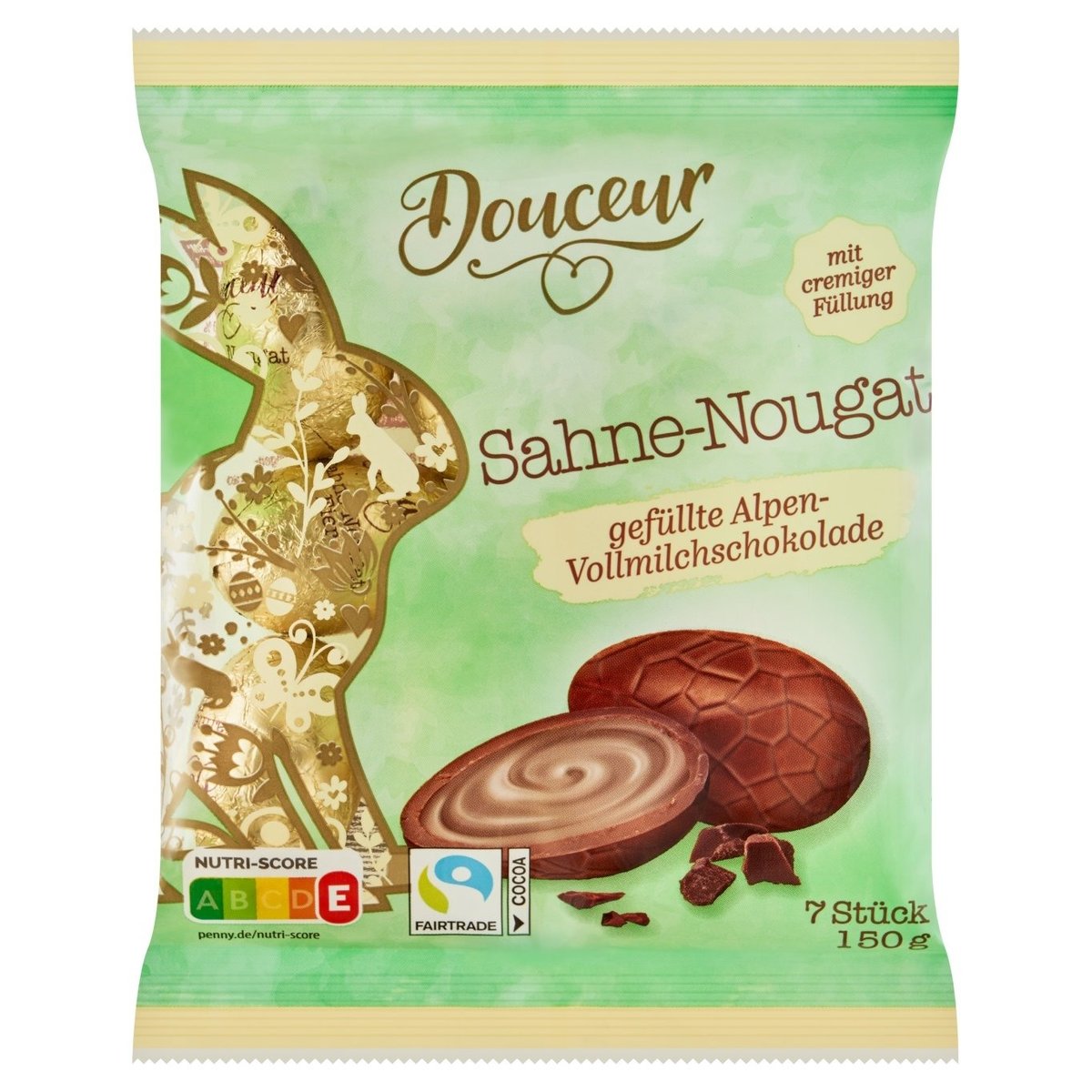 Douceur velikonoční vajíčka z mléčné čokolády s lískooříškovou nugátovou náplní 7 ks 150g