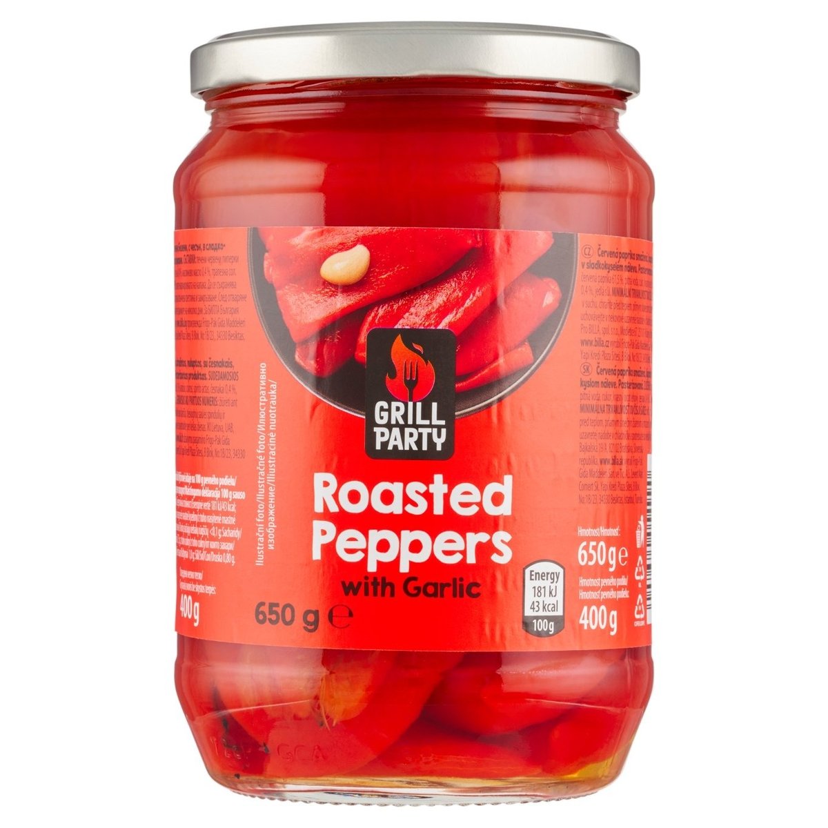 GRILL Party Červená paprika smažená, loupaná s česnekem v sladkokyselém nálevu 650g