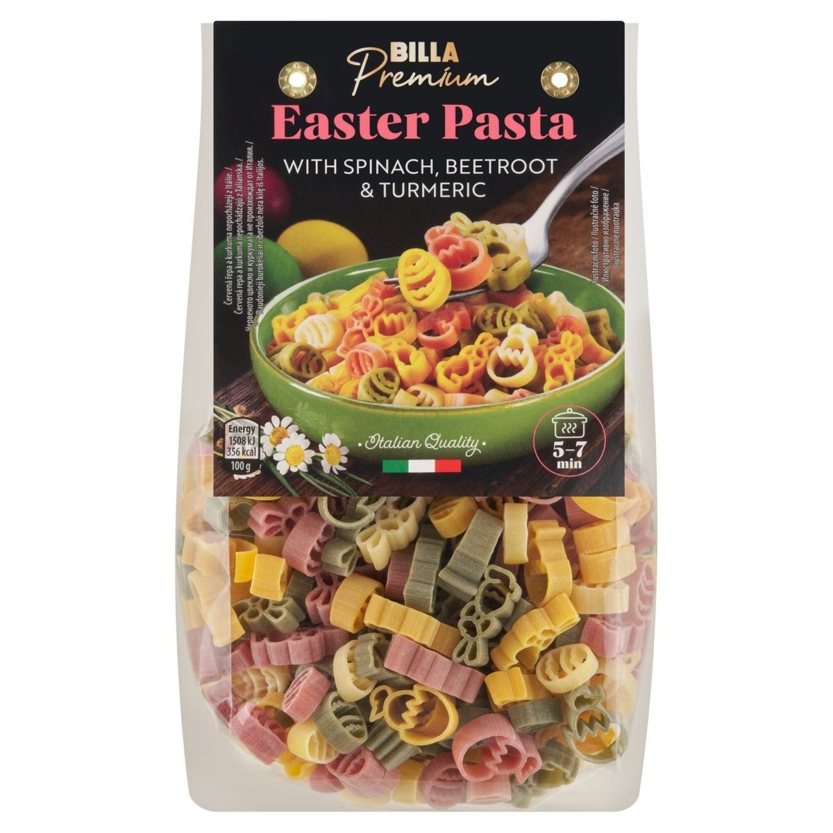 BILLA Premium Těstoviny semolinové sušené se špenátem, červenou řepou a kurkumou 250g