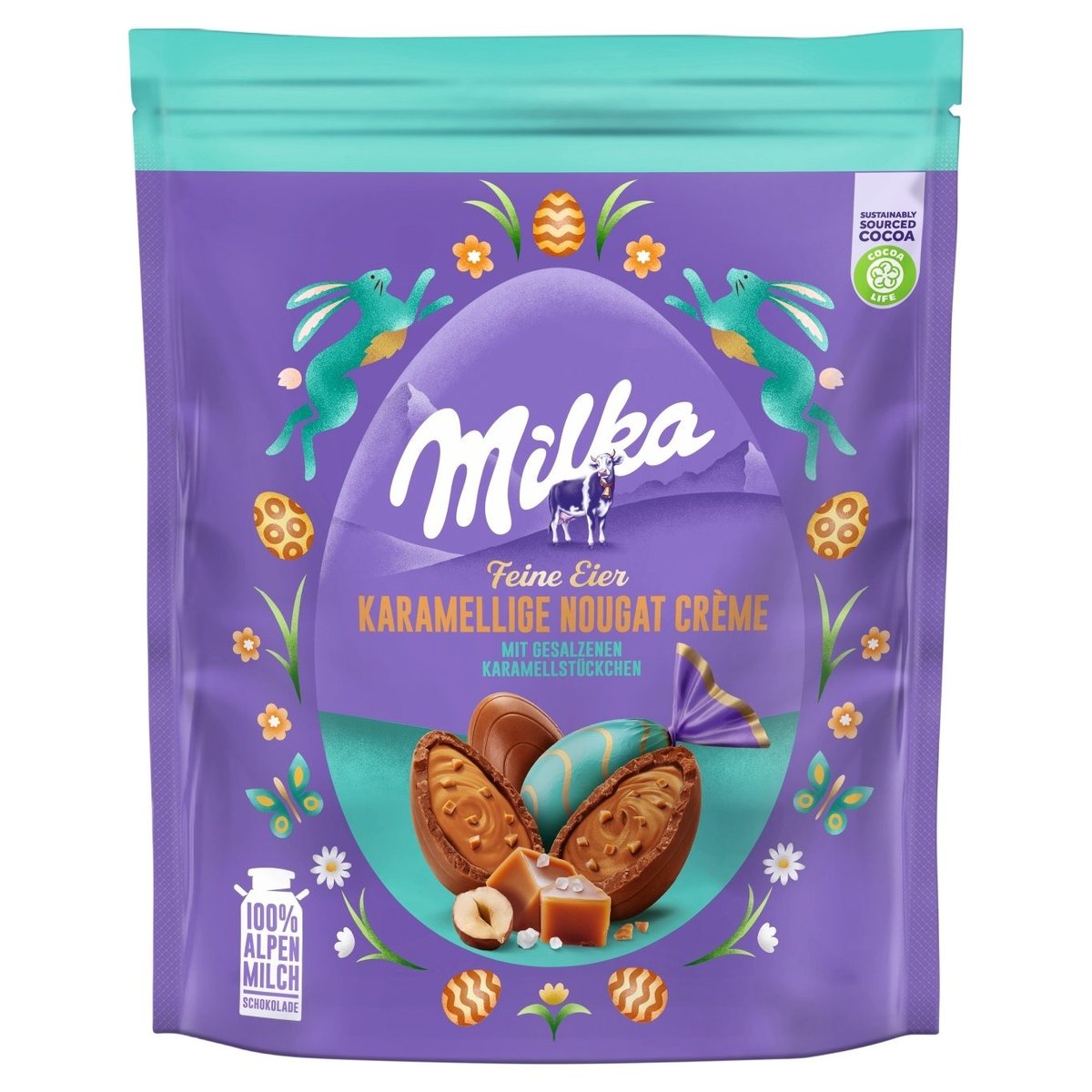 Milka vajíčka, mléčná čokoláda s mléčnou náplní s příchutí slaného karamelu 90g