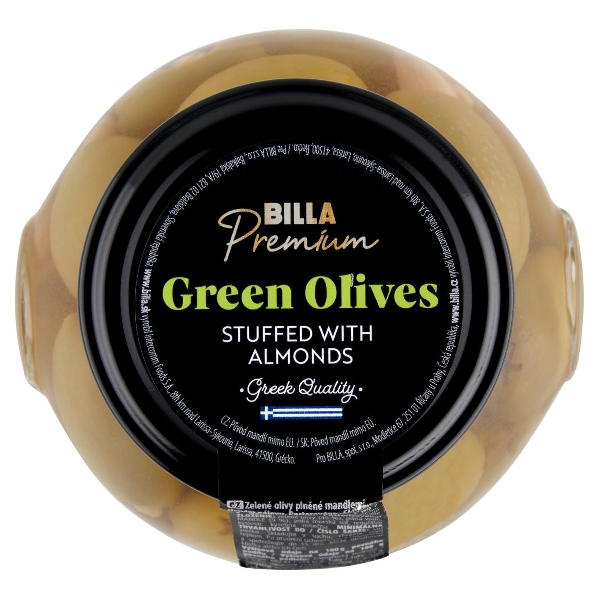 BILLA Premium Zelené olivy plněné mandlemi ve slaném nálevu 370g