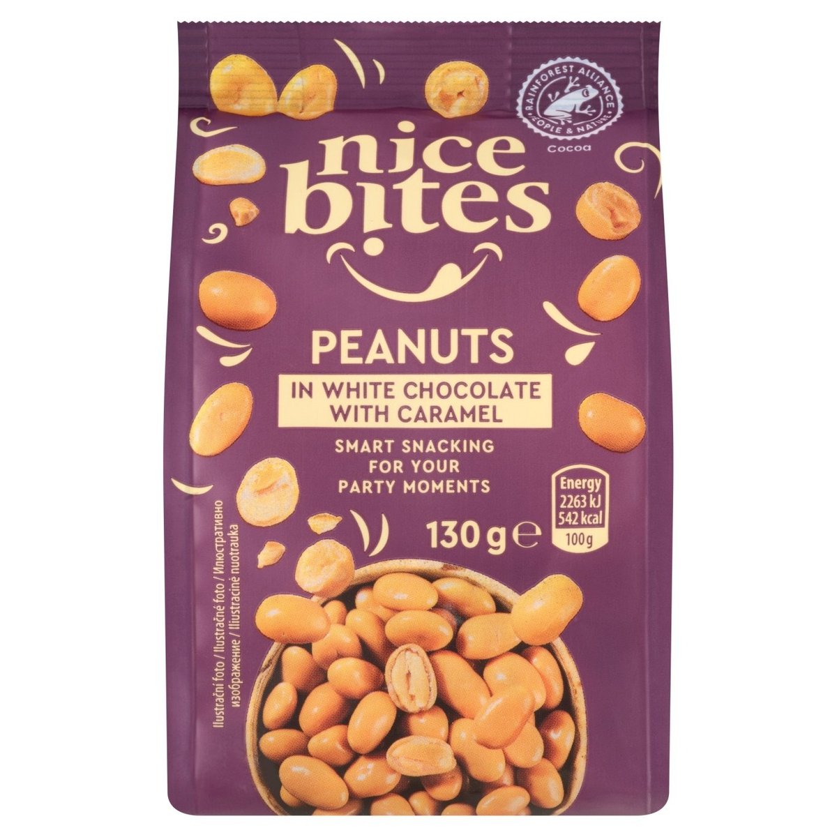 Nice Bites Pražené loupané arašídy v bílé čokoládě s karamelem 130g