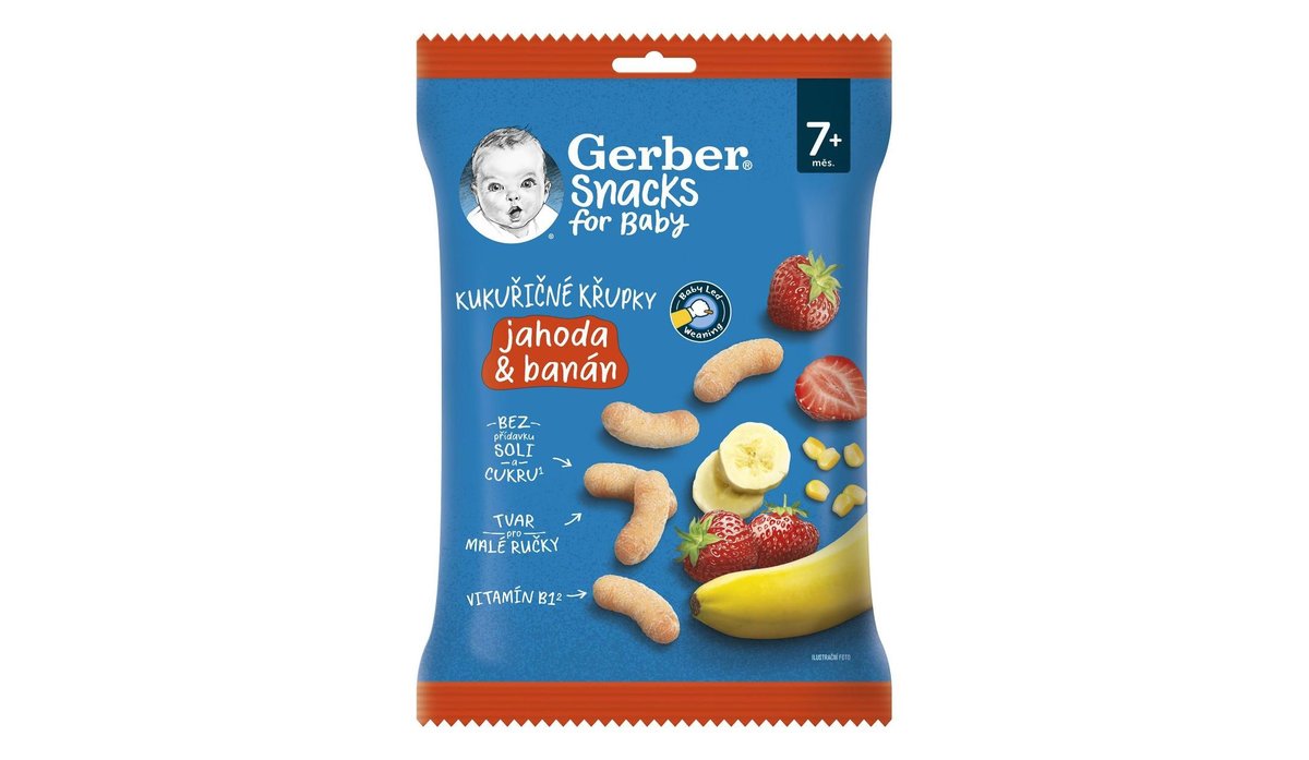 Gerber Snacks Kukuřičné křupky jahoda a banán 7m+ 28 g