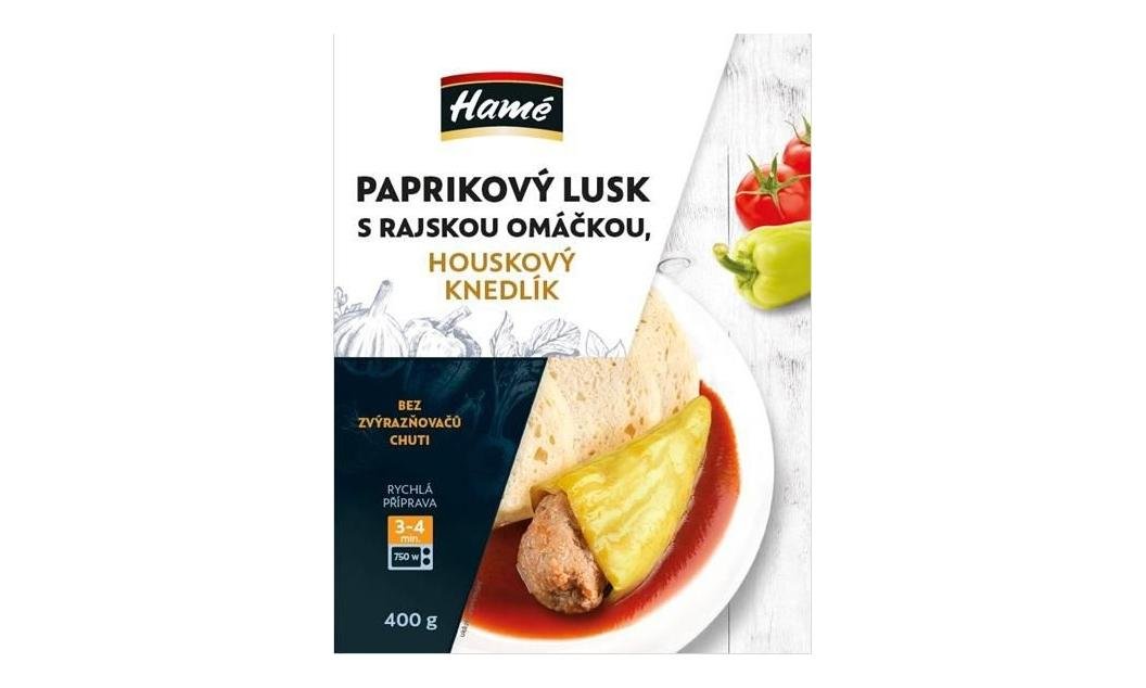 Hamé Paprikový lusk, rajská omáčka, houskový knedlík 400g