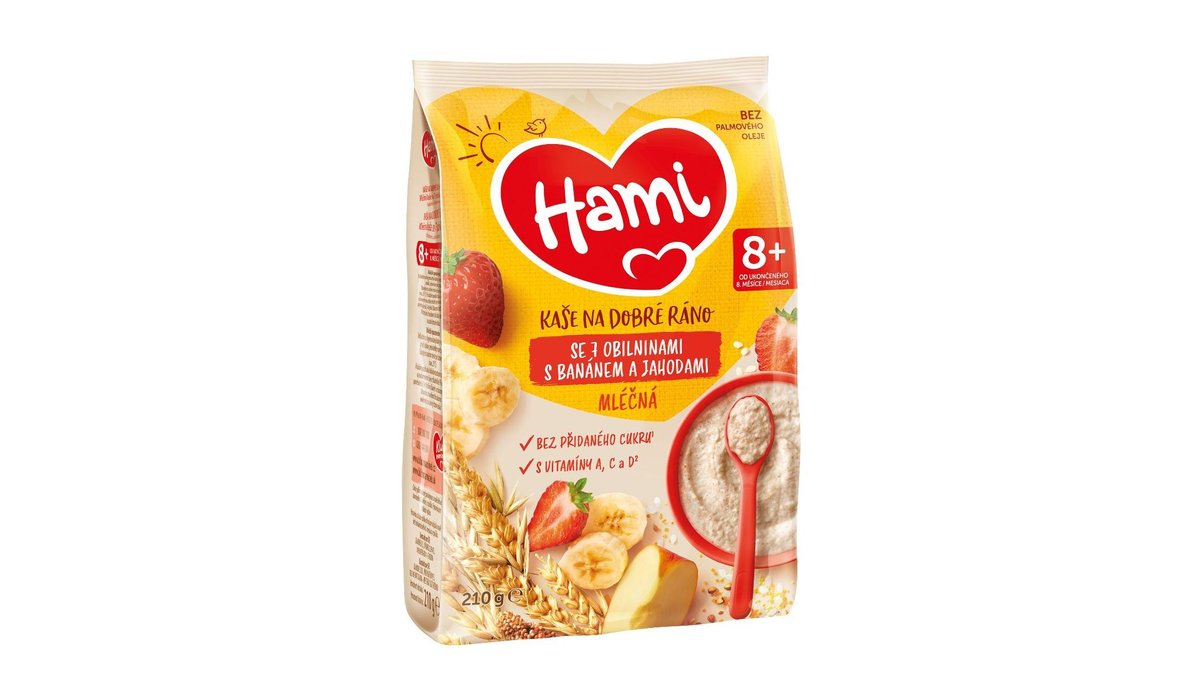 Hami mléčná kaše se 7 obilninami s banánem a jahodami 8+, 210g