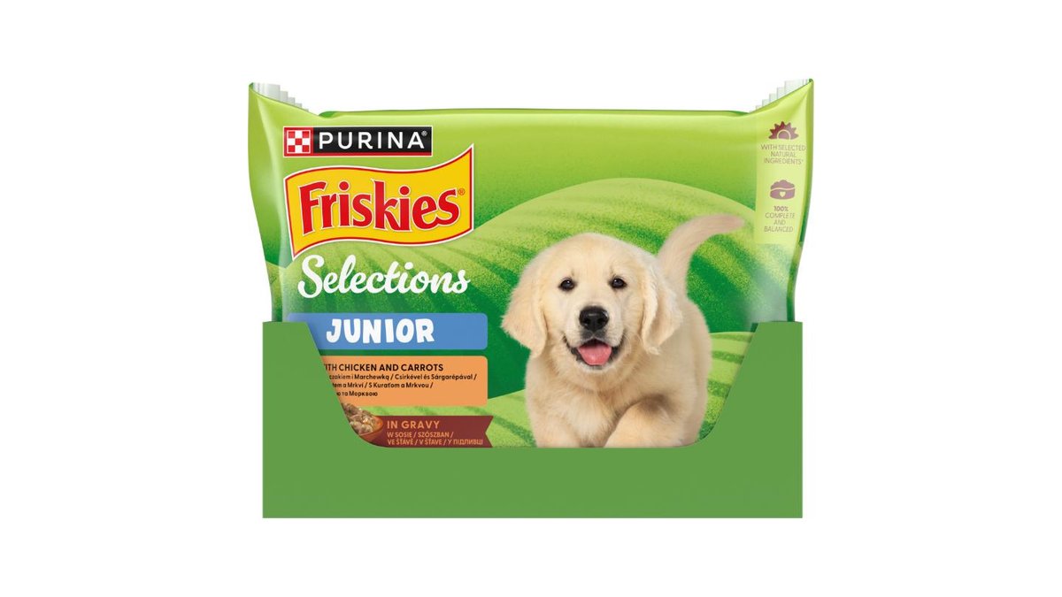 Friskies Selections junior s kuřetem a mrkví ve šťávě 4 x 85g