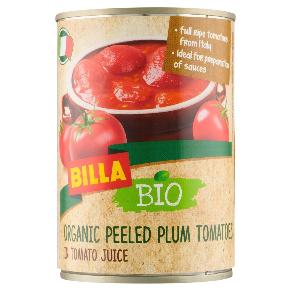 BILLA BIO Bio loupaná oválná rajčata v bio rajčatové šťávě 400g
