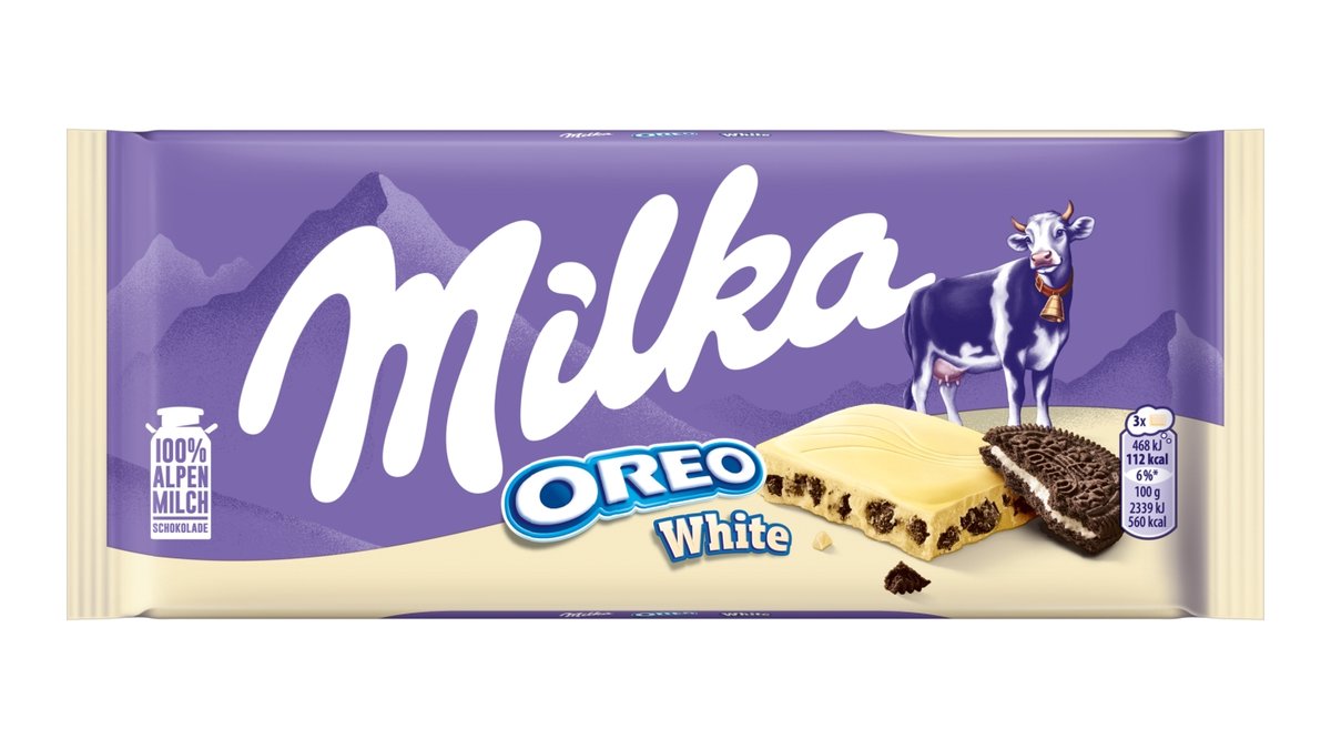 Milka Oreo White bílá čokoláda z alpského mléka s kousky kakaových sušenek a vanilkovou náplní 100 g