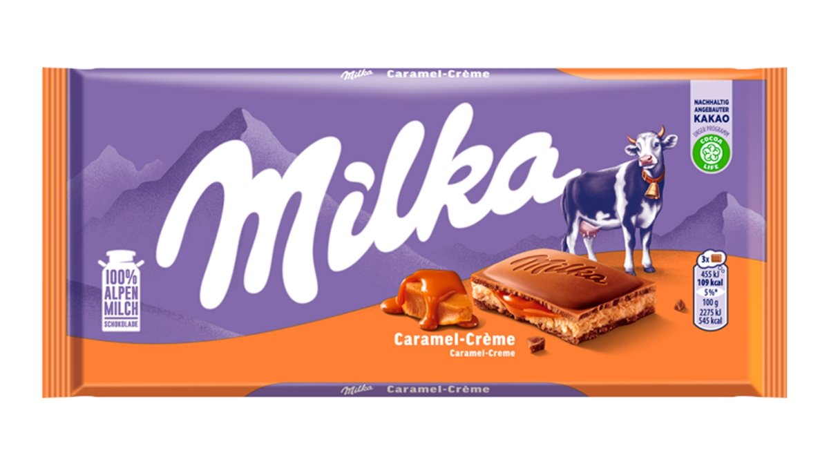 Milka Caramel Créme mléčná čokoláda z alpského mléka s mléčnou a karamelovou náplní 100 g