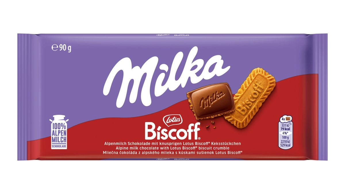 Milka Biscoff mléčná čokoláda z alpského mléka s kousky karamelizovaných sušenek Biscoff 90 g