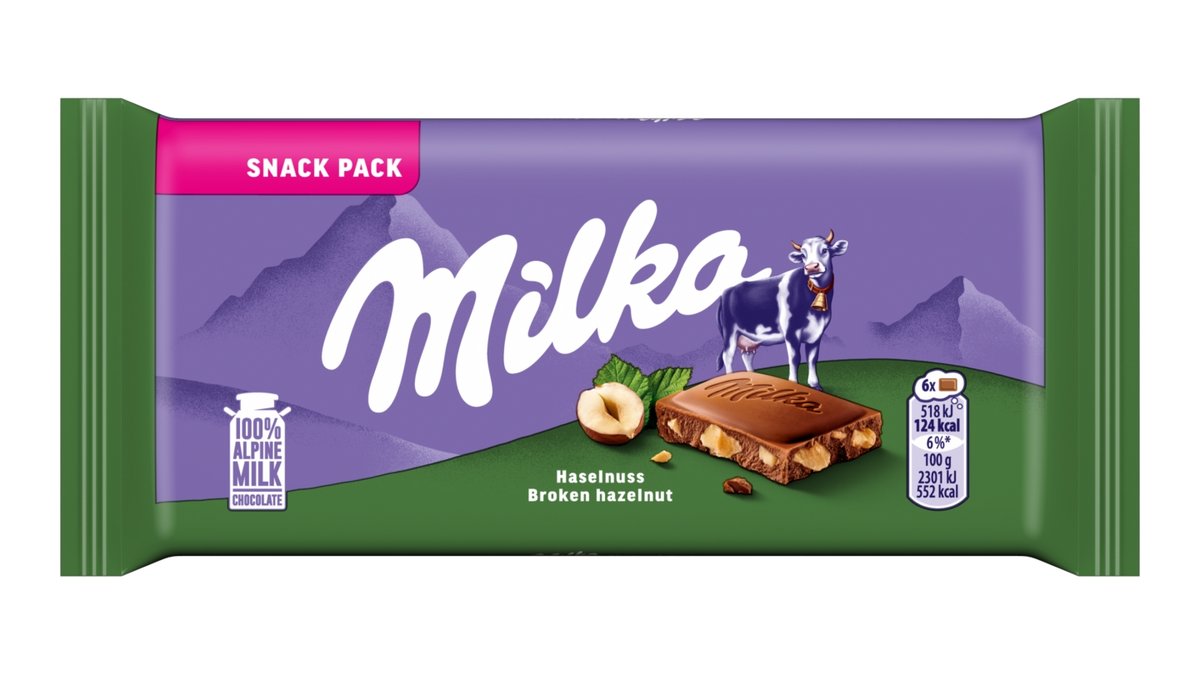 Milka Broken Hazelnut mléčná malá čokoláda z alpského mléka s drcenými jádry lískových ořechů 45 g