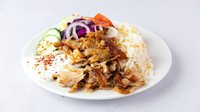 Objednať Kurací kebab XXL na tanieri s ryžou a s čerstvou zeleninou