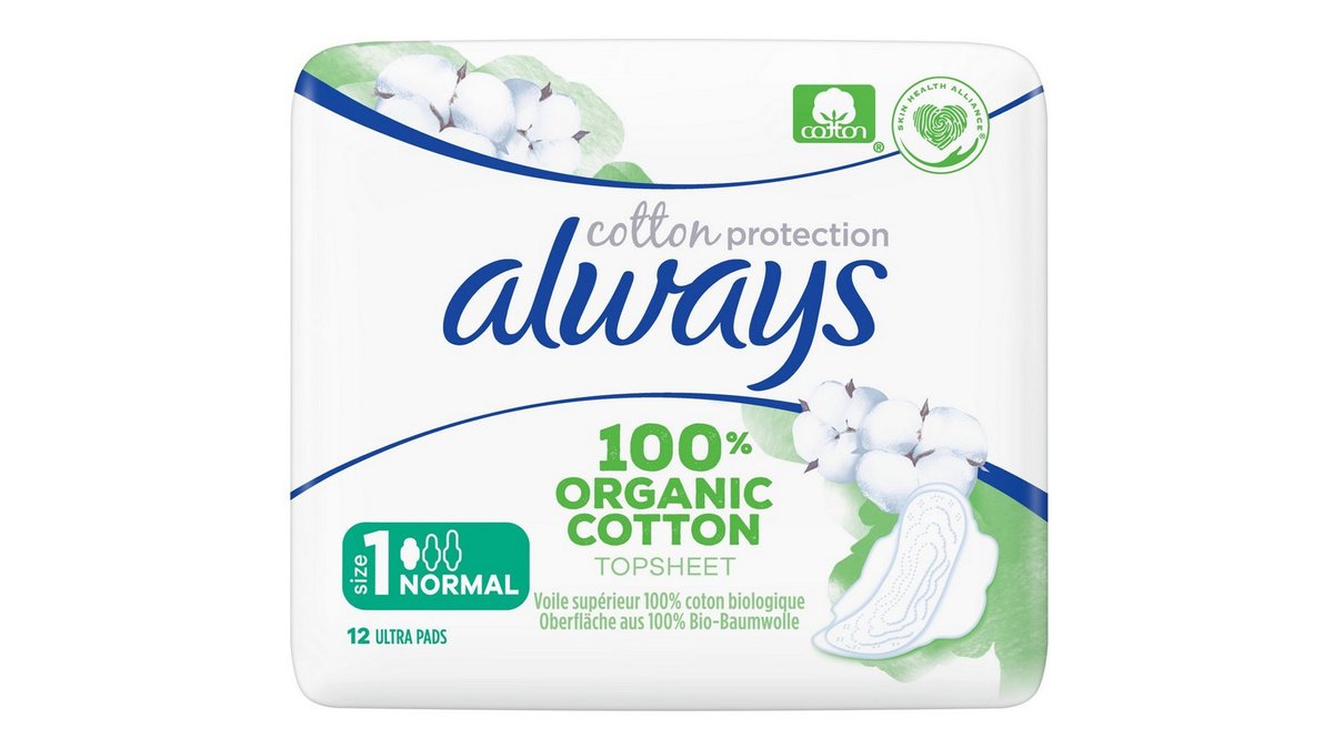 Always Organic Cotton Pads Normal, 12 pack Essentials Wolt