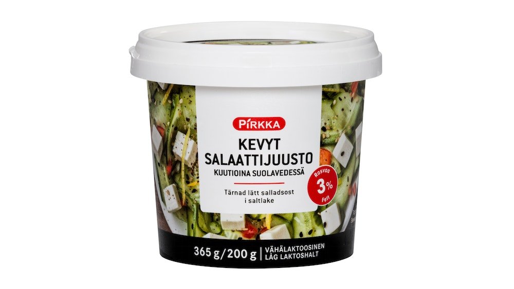 Pirkka kevyt 3% salaattijuusto kuutioina suolavedessä 365g/200g  vähälaktoosinen – K-Market Keravan Asema