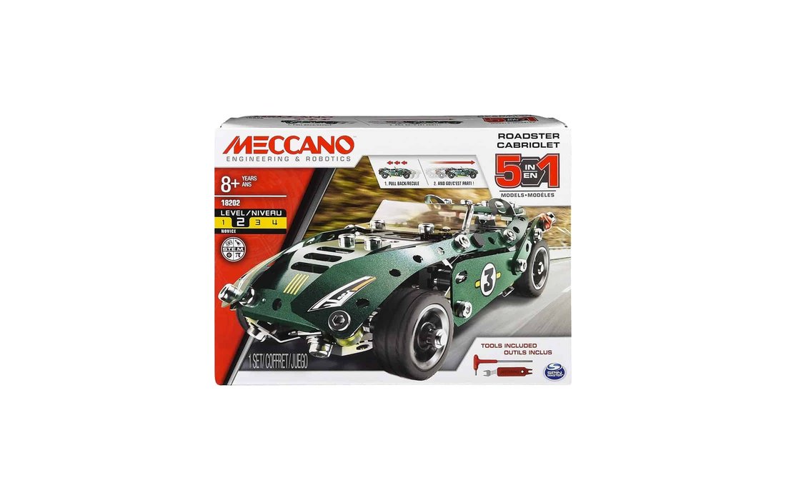 Meccano by Erector 5 in 1 Roadster Pull Back Car Building Kit, STEM  Engineering Education Toy for Ages 8 and up