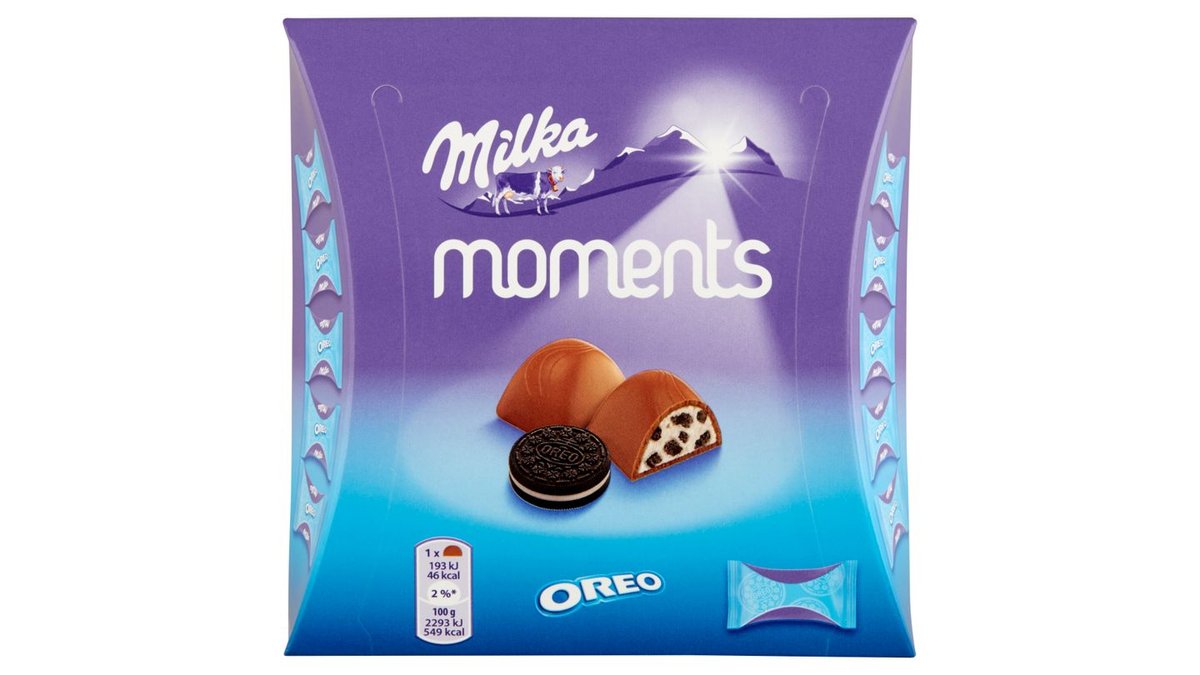 Milka Moments Oreo alpesi tejcsokoládé tejes krémtöltelékkel és kakaós ...